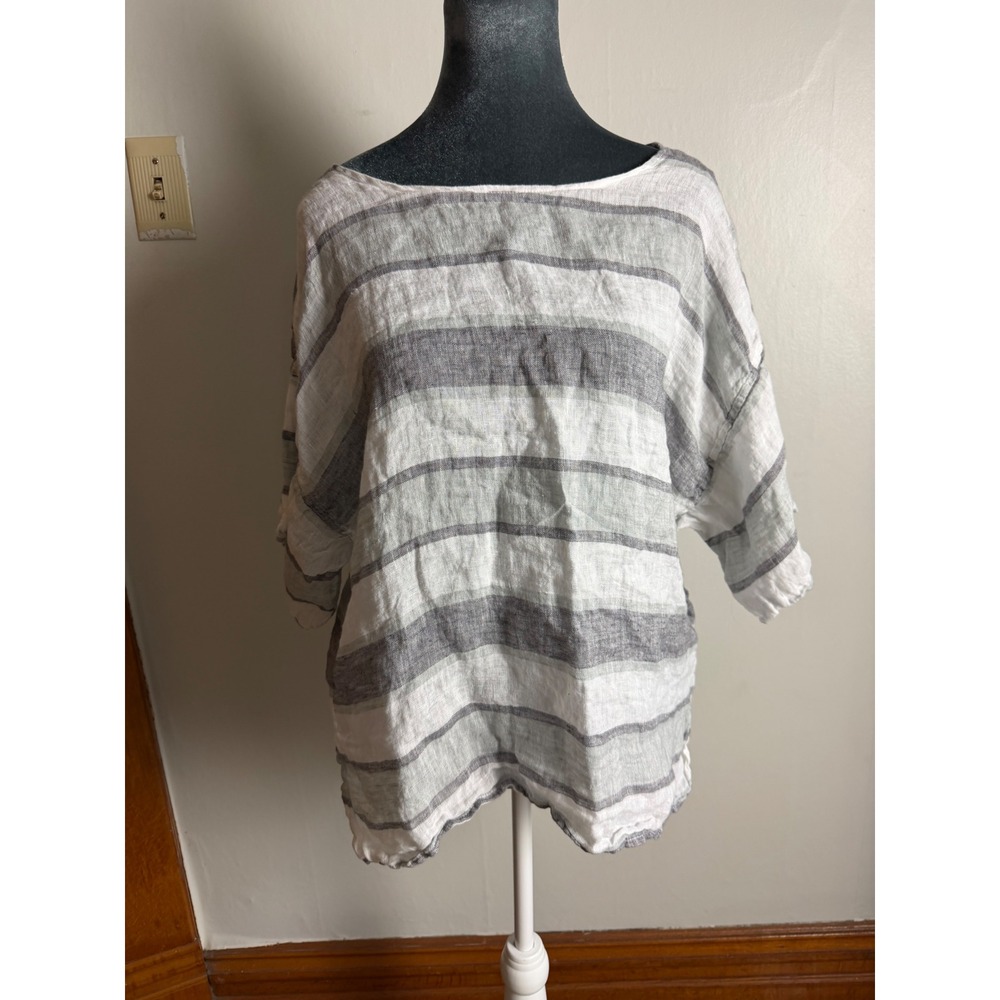 Dea Positano 100% Linen Striped Boxy Top capsule coastal Beachy euro summer M